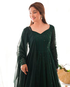 Emerald Grace Soft Georgette Silk Anarkali Suit Set with Ruffle Dupatta