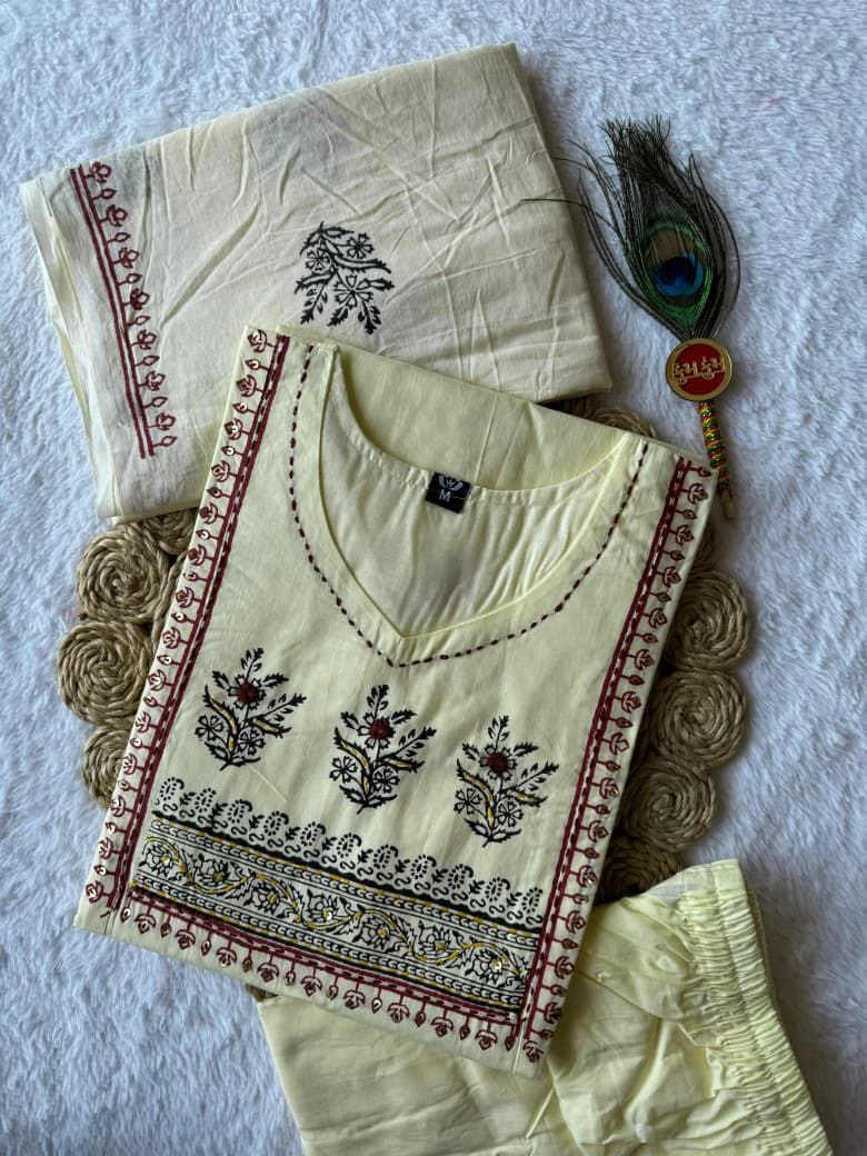 Ivory Cream Pure Cotton Hand Block Print Kurta Pant Set