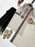 Elegant Beige Rayon Satin Thread Work Kurta Palazzo Set