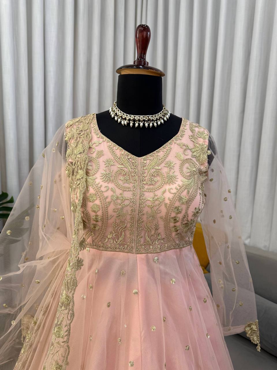 Peach Faux Georgette Thread and Sequence Anarkali Suit Set