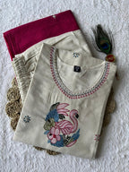 Elegant Off-White Pure Khadi Cotton Embroidered Suit Set with Rani Pink Dupatta