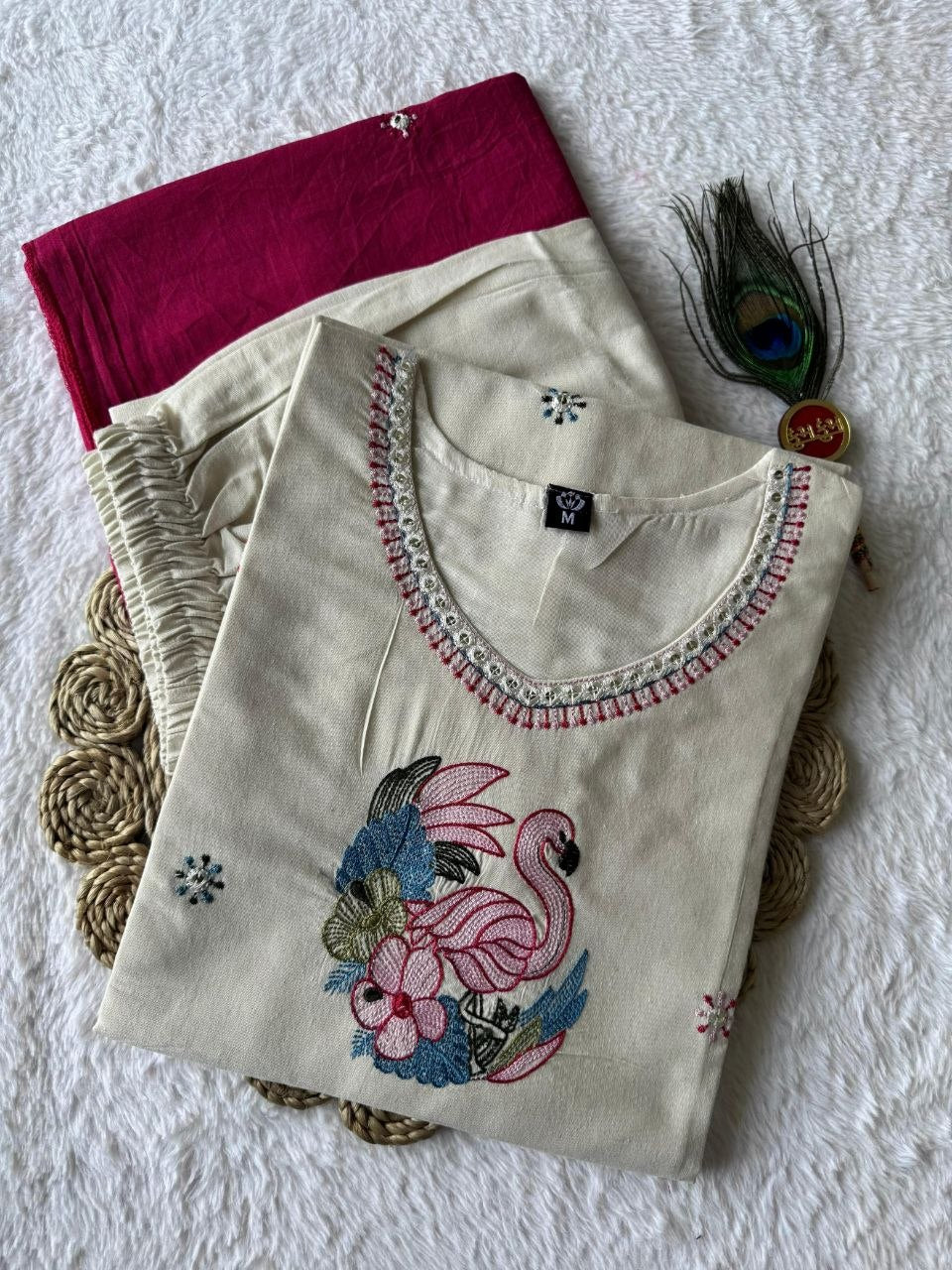 Elegant Off-White Pure Khadi Cotton Embroidered Suit Set with Rani Pink Dupatta