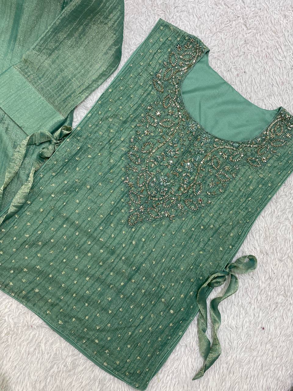 Very Beautiful Sage Green Salsa Silk HandWork Co-Ord Set