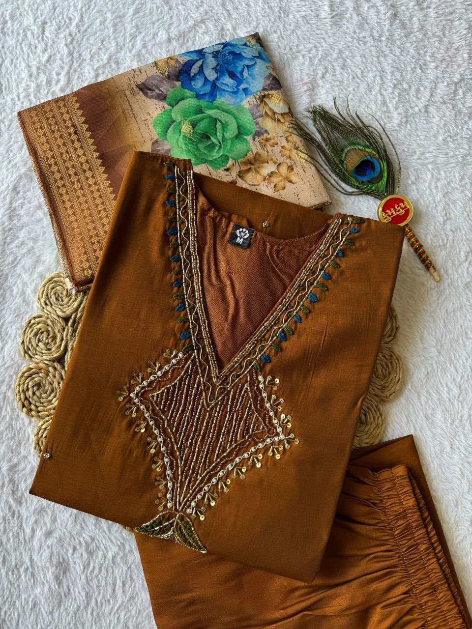 Very Attractive Brown Hand Embroidered Mul Chanderi Ethnic Suit Set