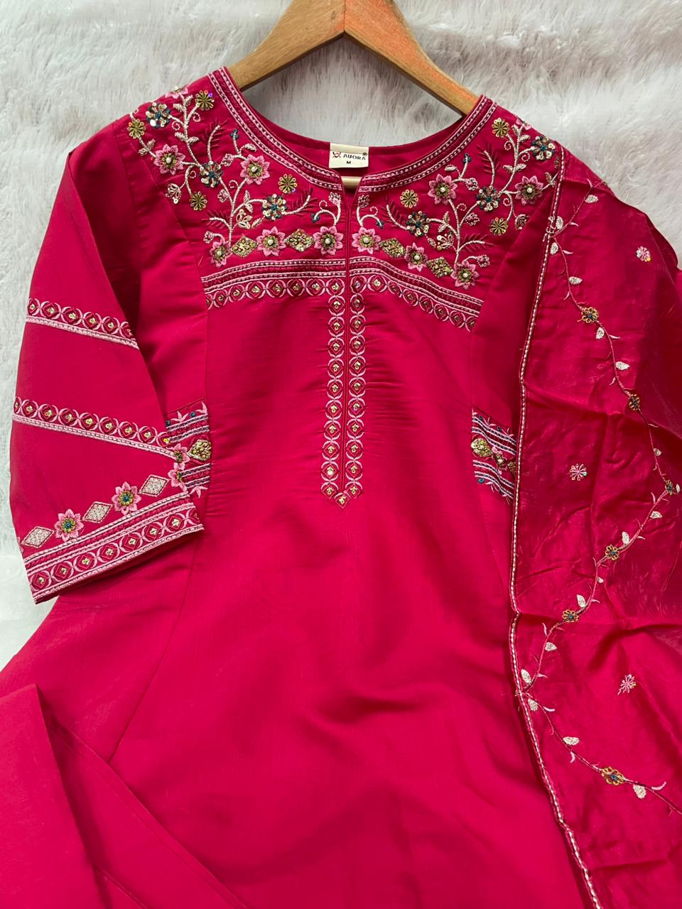 Attractive Rani Pink Viscose Mango Silk Anarkali Kurti Set