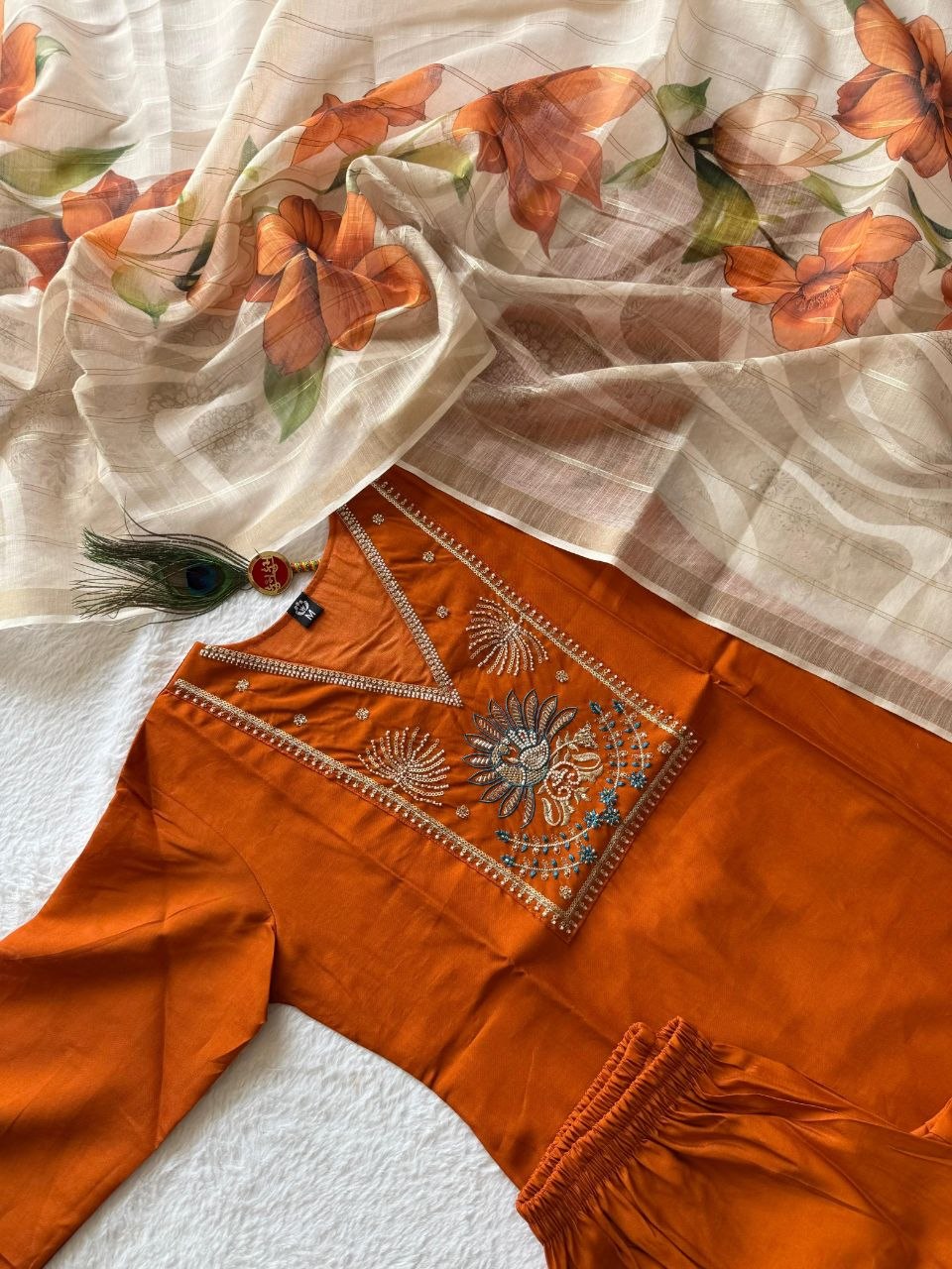 Elegant Rust Premium Roman Silk Embroidered Suit Set with Floral Dupatta