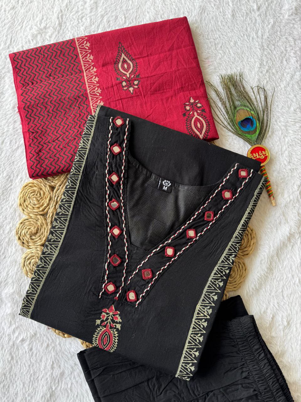Classic Black Cotton Ethnic Suit Set With Block Print With Real Mirror Hand Work