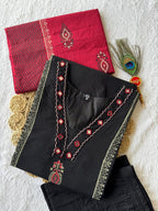 Classic Black Cotton Ethnic Suit Set With Block Print With Real Mirror Hand Work