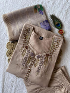 Elegant Beige Hand Work Premium Mul Chanderi Suit Set With Floral Dupatta