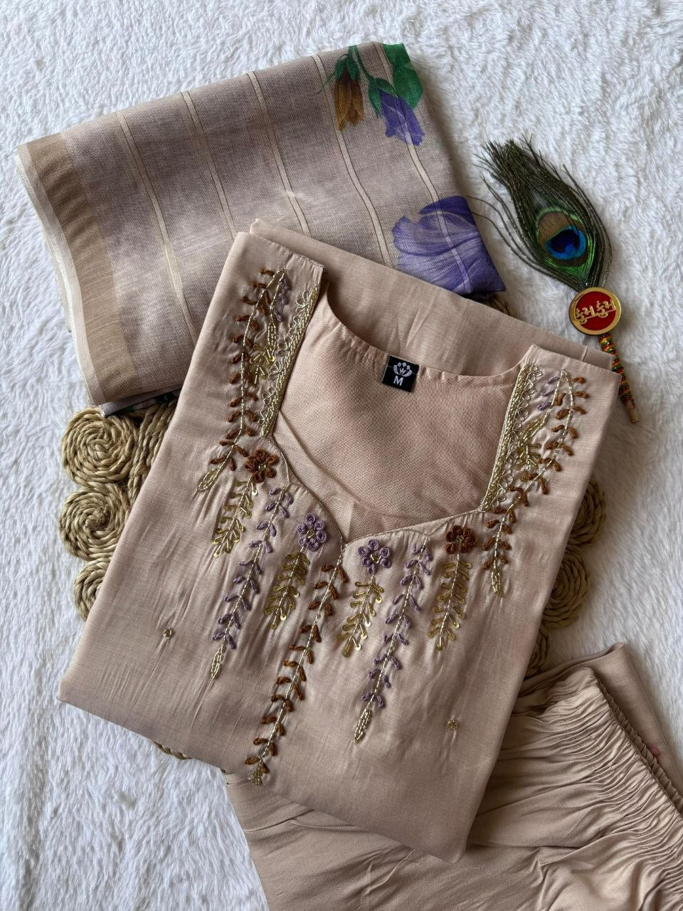 Elegant Beige Hand Work Premium Mul Chanderi Suit Set With Floral Dupatta