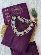 Very Attractive Royal Purple Floral Embroidered Cotton Suit Set