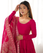 Pink Roman Silk Anarkali Suit Set with Woven Banarasi Dupatta