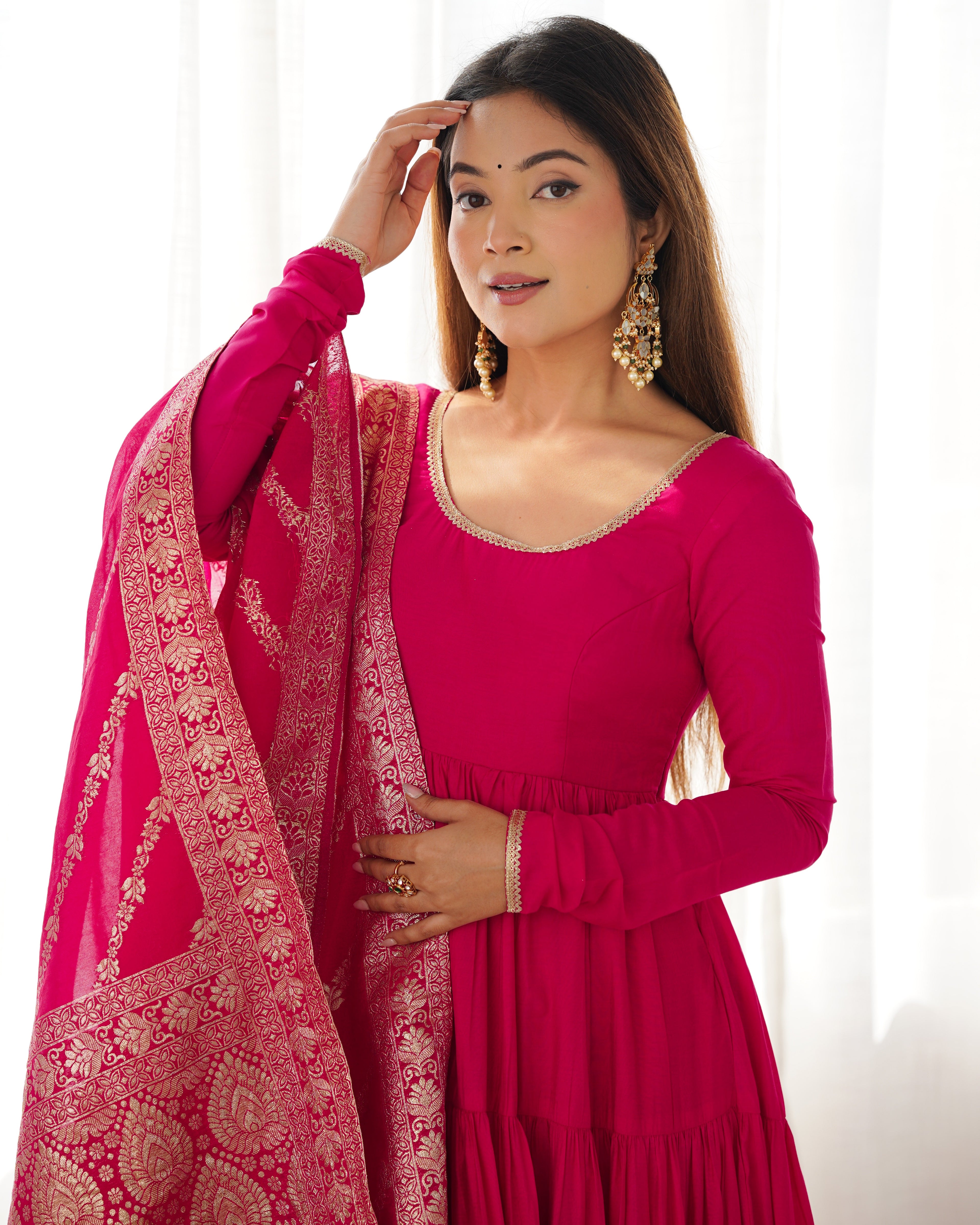 Pink Roman Silk Anarkali Suit Set with Woven Banarasi Dupatta