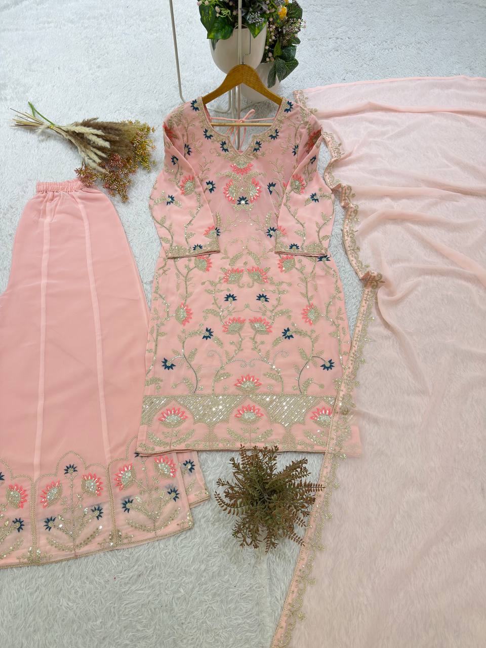 Premium Designer Pink Georgette Embroidery Suit Set