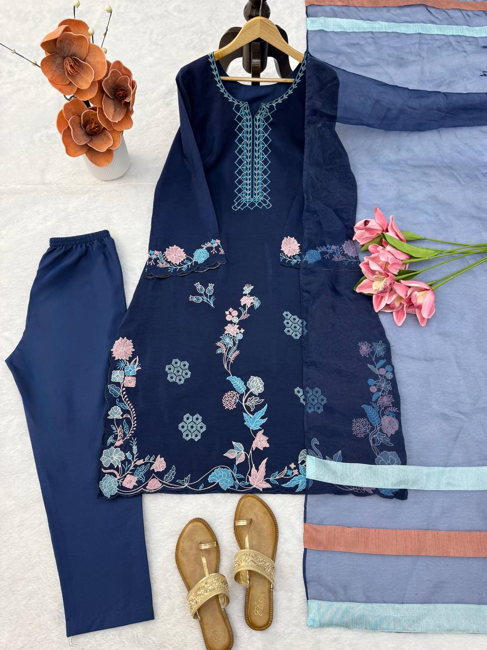Navy Blue Floral Thread Work Jura Silk Kaftan-Style Kurta Set