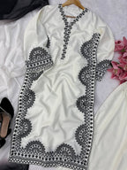 Ivory Biscuit Slub Monochrome Threadwork Kurta Set