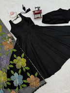 Premium Black Natural Crepe Anarkali Suit Set With Colorful Floral Dupatta