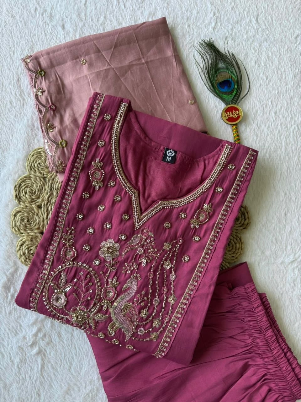New Designer Magenta Premium Roman Silk Embroidered Suit Set