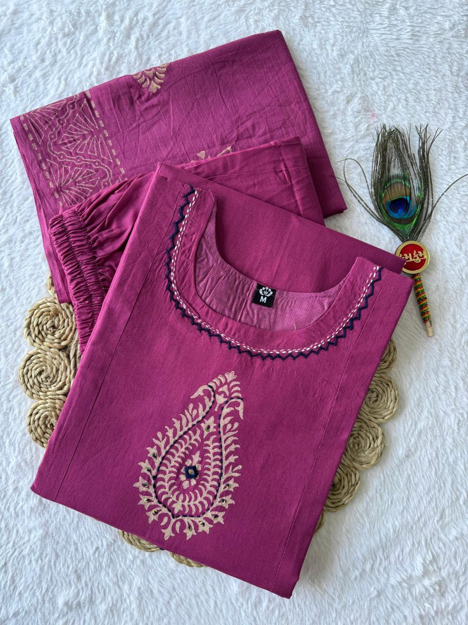 Catchy Rouge Pure Cotton Suit Set With Mirror Hand Work