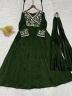 Green Blooming Vichitra Silk Embroidered Anarkali Gown