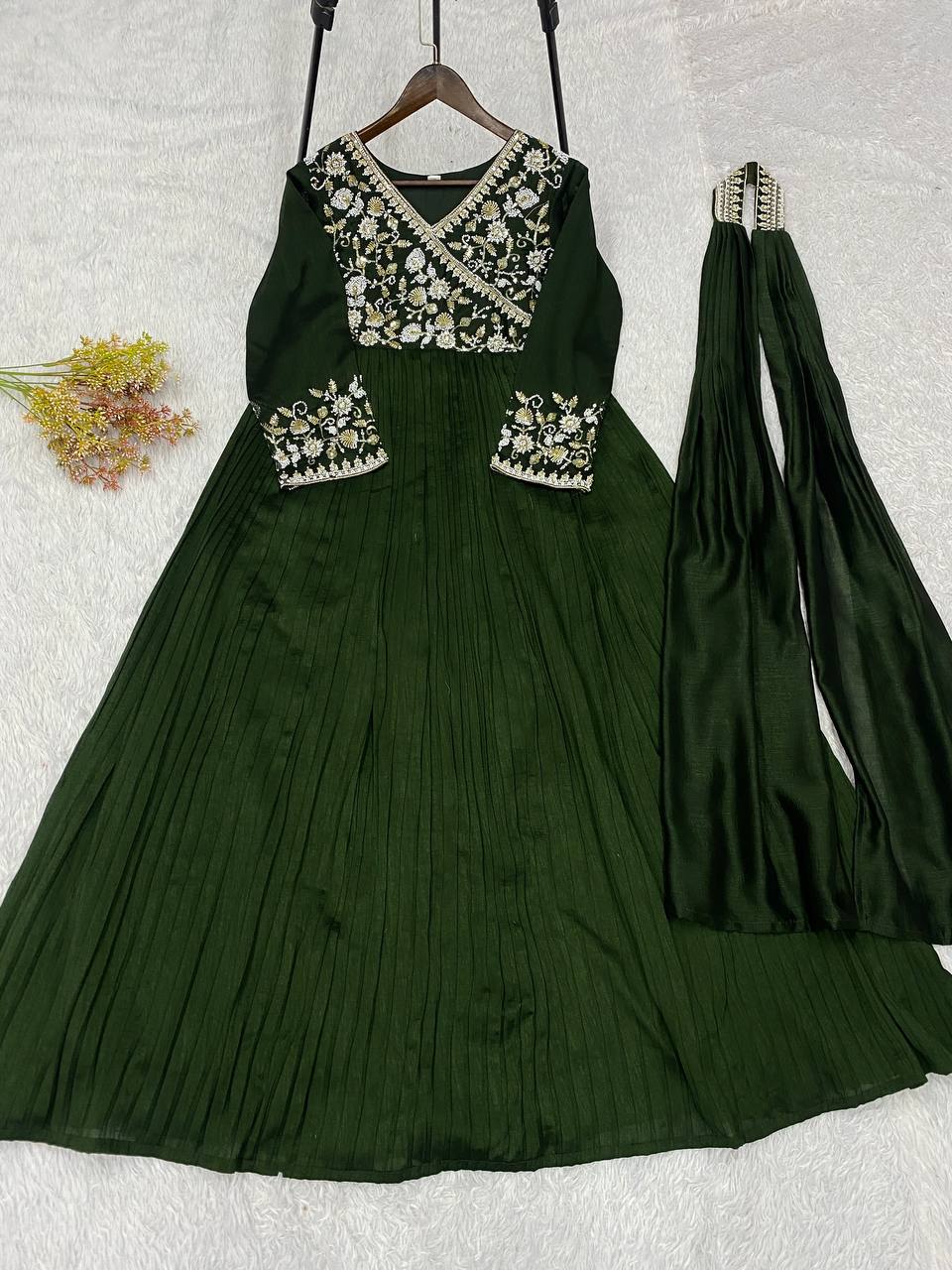 Green Blooming Vichitra Silk Embroidered Anarkali Gown