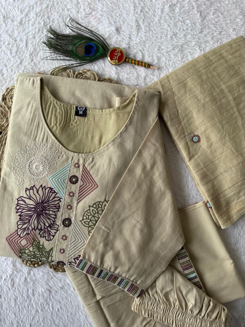 Elegant Beige Pure Cotton Thread Embroidery Suit Set