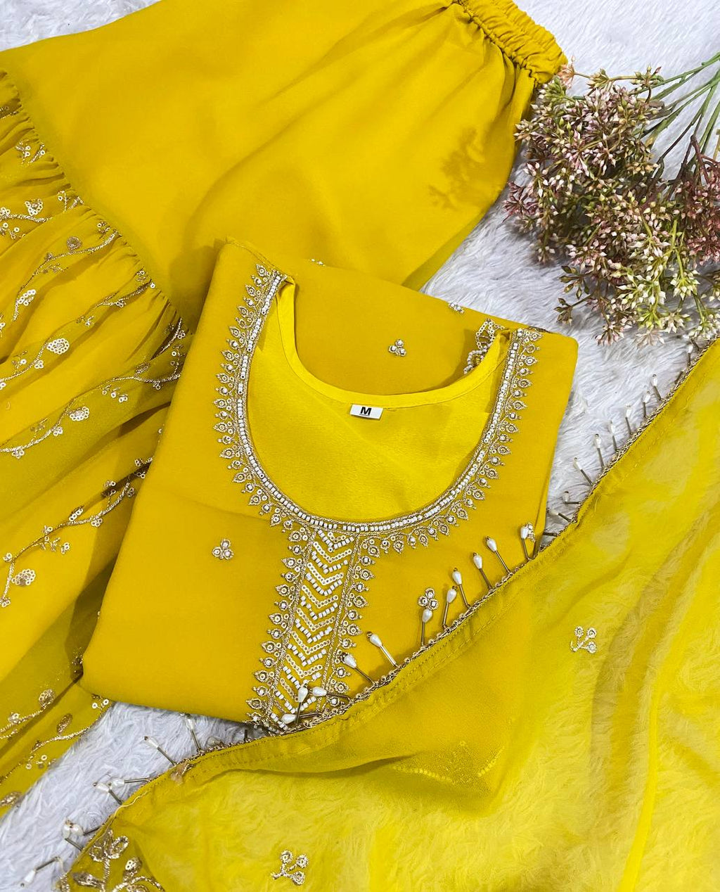 Designer Mustard Yellow Embroidered Fox Georgette Suit Set