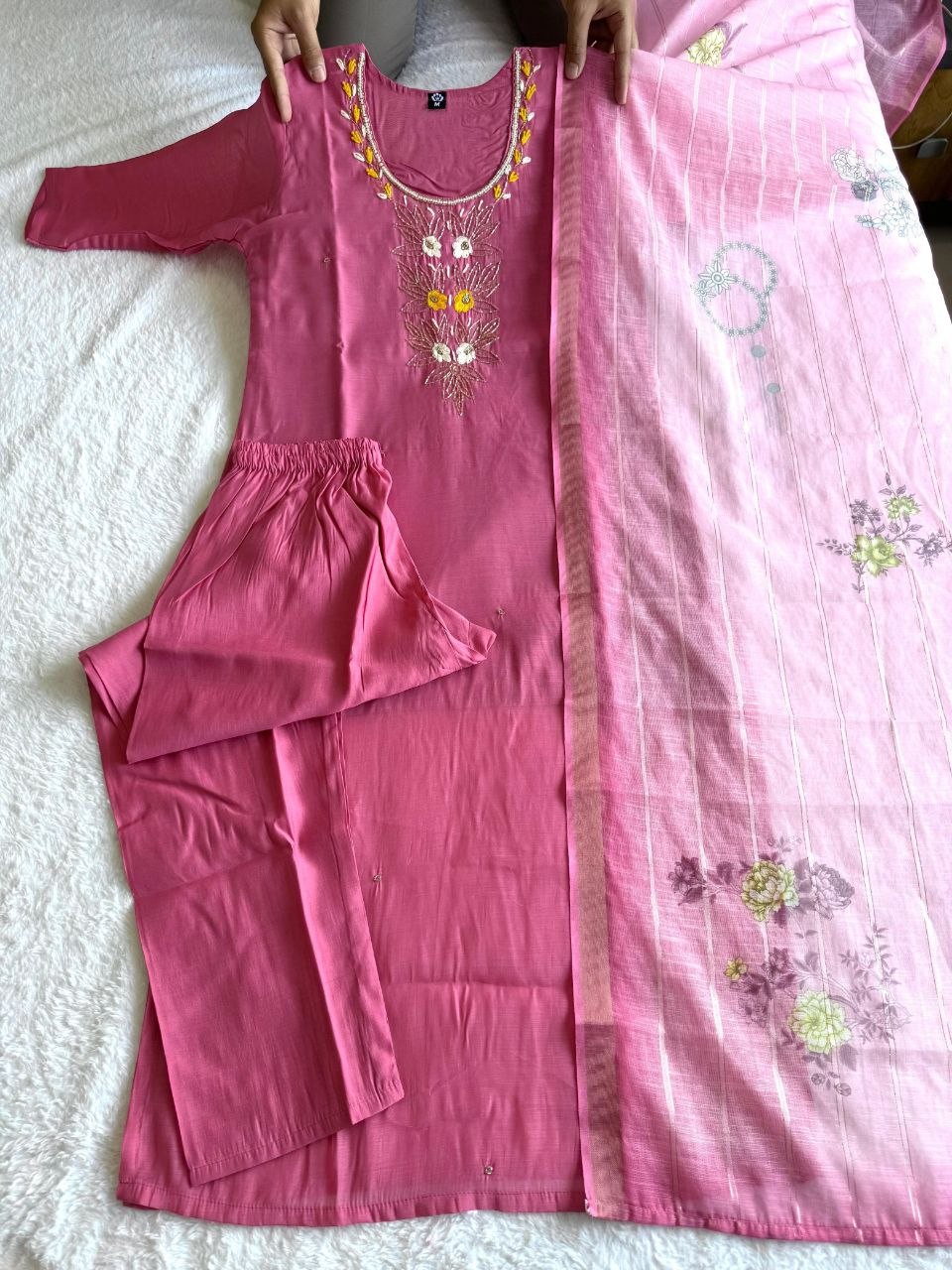 New Designer Light Pink Mul Chanderi Suit Set with Beautiful Hand Work