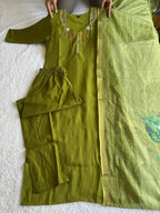 Premium Olive Green Mul Chanderi Suit Set With Beautiful Handwork
