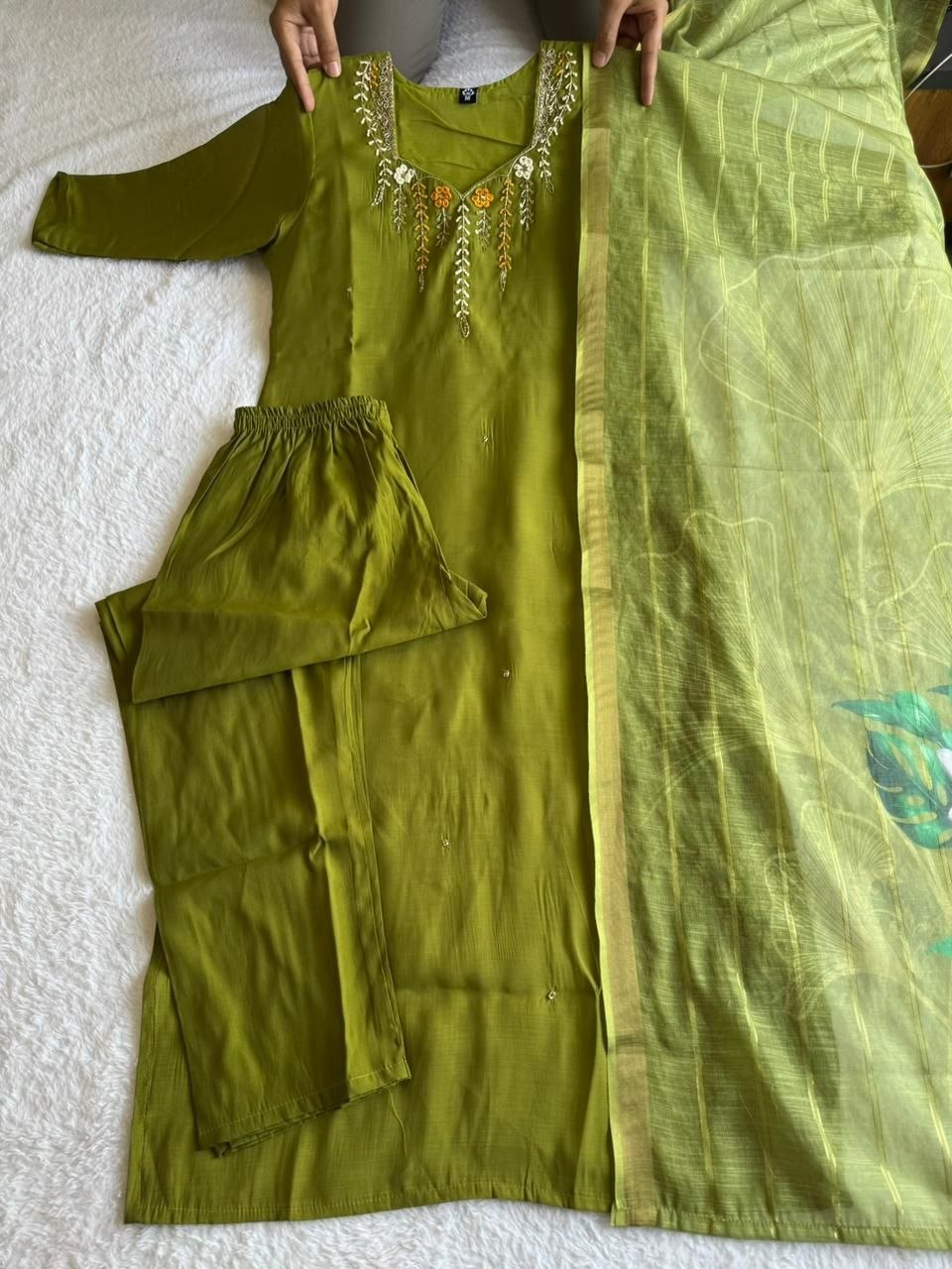 Premium Olive Green Mul Chanderi Suit Set With Beautiful Handwork