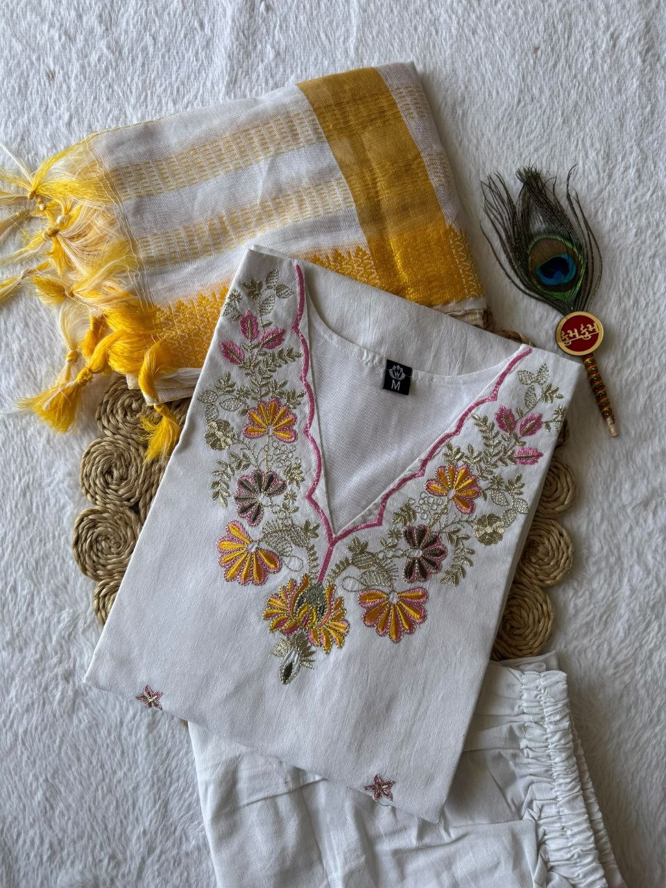 Pure Khadi Cotton Multi-Thread Embroidered Kurta Pant Set with Dupatta