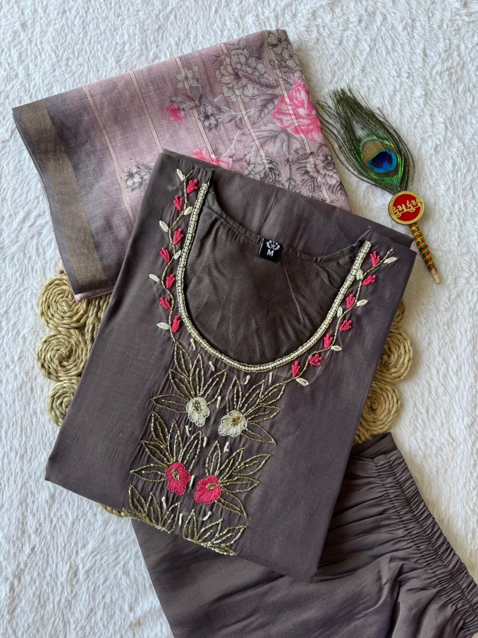 Brown Premium Mul Chanderi Hand Work Suit Set With Floral Dupatta