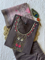 Brown Premium Mul Chanderi Hand Work Suit Set With Floral Dupatta