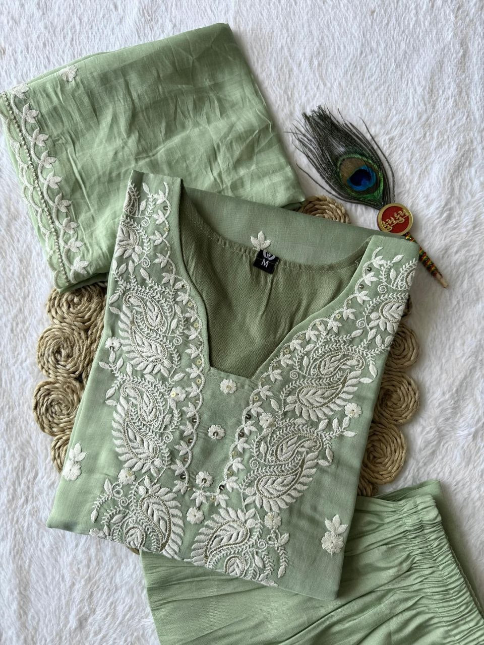 Pista Green Pure Mul Chanderi Embroidered A-Line Suit Set with Dupatta