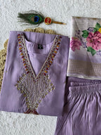 Elegant Lavender Premium Mul Chanderi Hand-Work Suit Set with Floral Dupatta