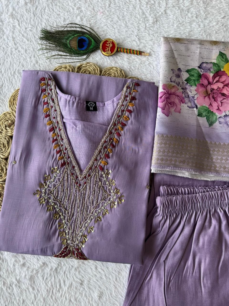 Elegant Lavender Premium Mul Chanderi Hand-Work Suit Set with Floral Dupatta