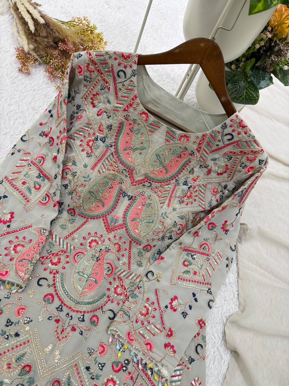 New Designer Faux Georgette Embroidery Work Suit Set