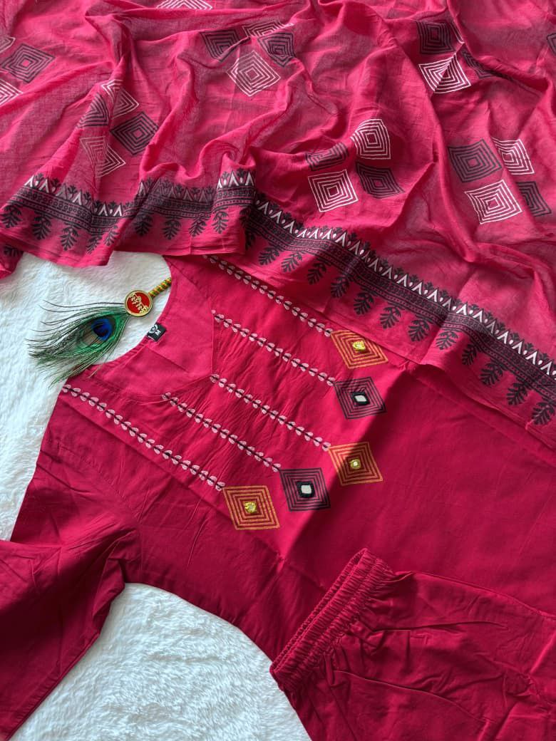 Attractive Rani Pink Pure Cotton Ethnic Suit Set with Hand Block Print Work
