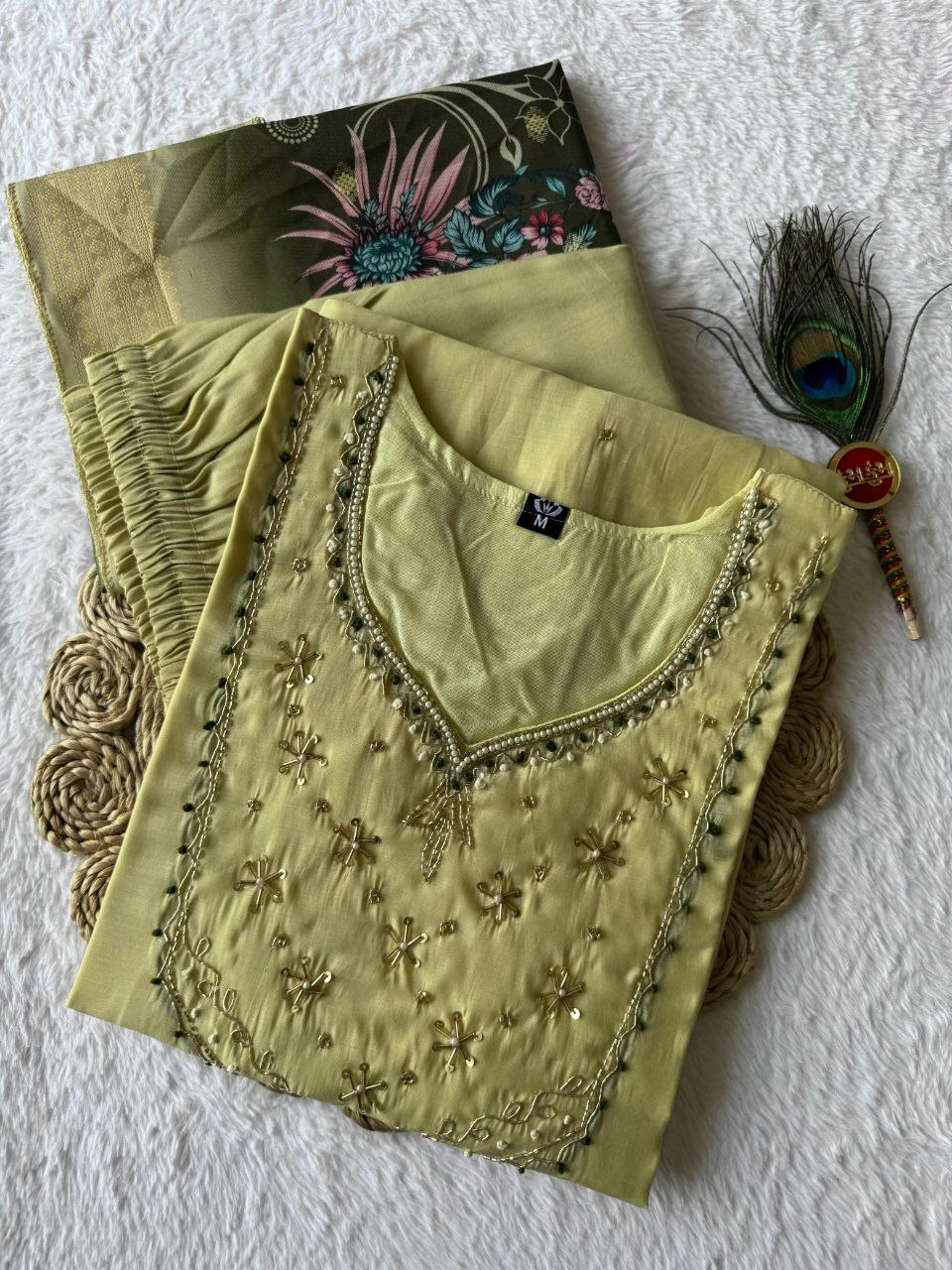 Very Beautiful Lime Green Handwork Premium Mul Chanderi Suit Set