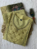 Very Beautiful Lime Green Handwork Premium Mul Chanderi Suit Set