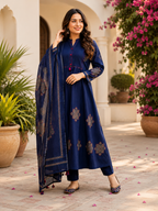 Premium Navy Blue Pure Cotton A Line Anarkali Suit Set