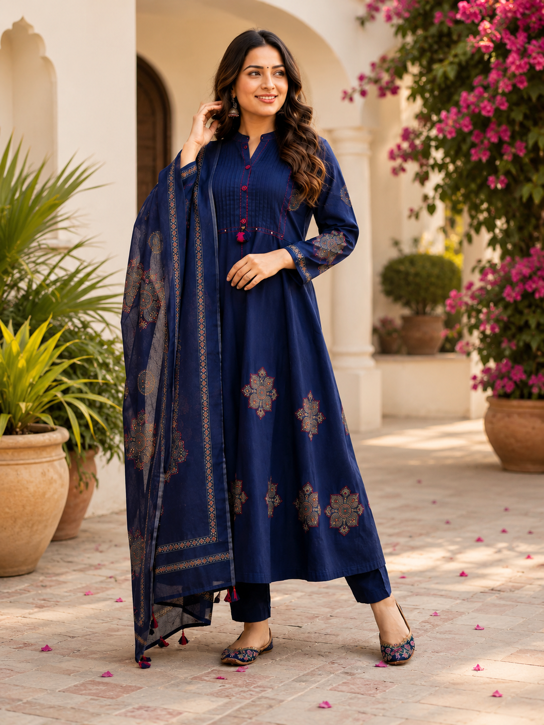 Premium Navy Blue Pure Cotton A Line Anarkali Suit Set
