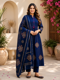 Premium Navy Blue Pure Cotton A Line Anarkali Suit Set