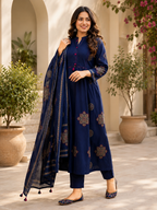 Premium Navy Blue Pure Cotton A Line Anarkali Suit Set