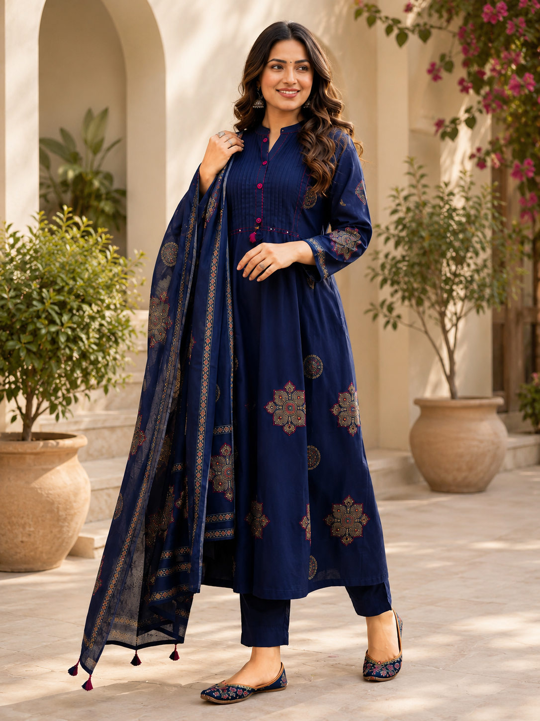 Premium Navy Blue Pure Cotton A Line Anarkali Suit Set