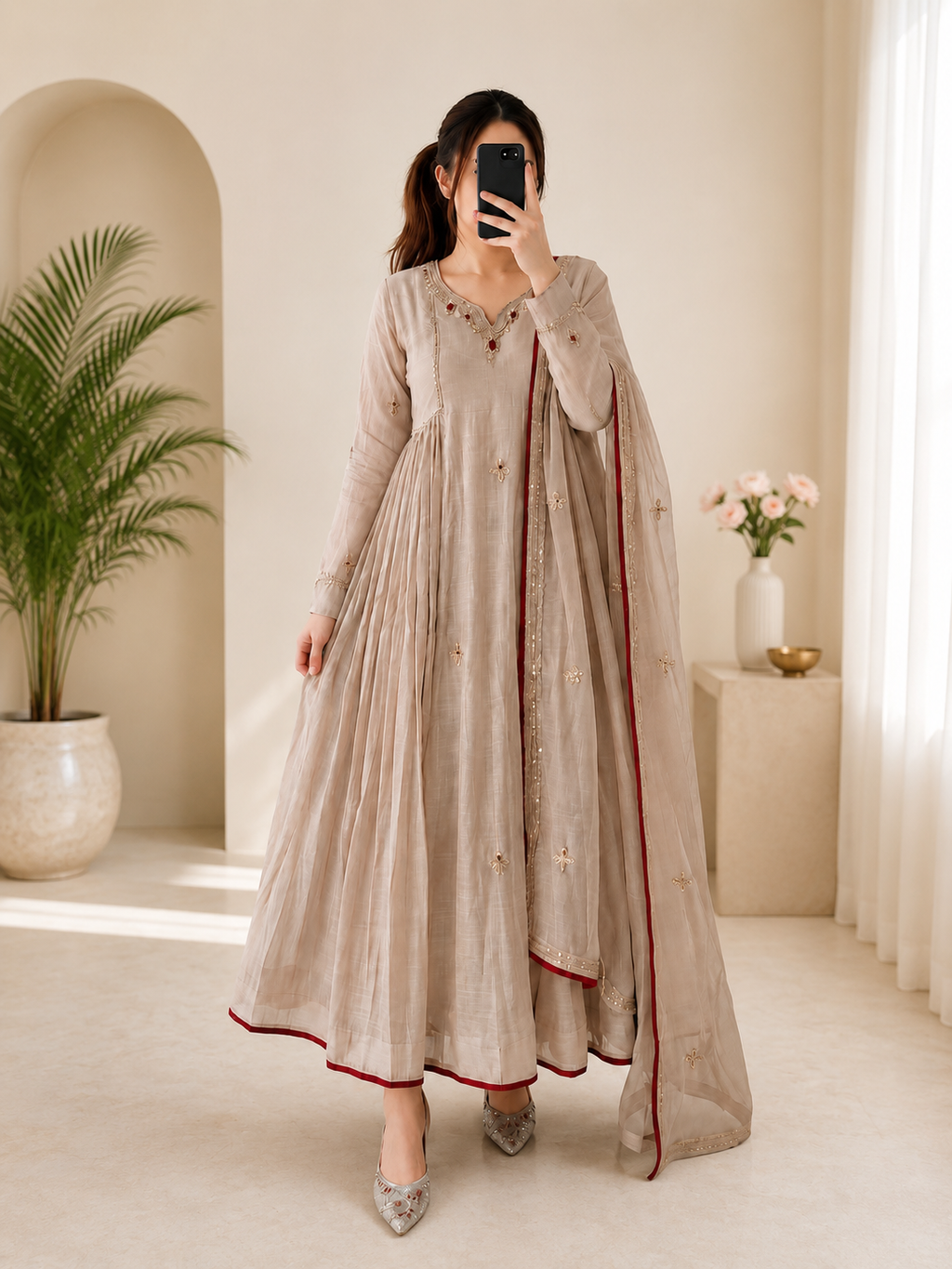 Very Attractive Pure Mul Chanderi Embroidered Anarkali Set