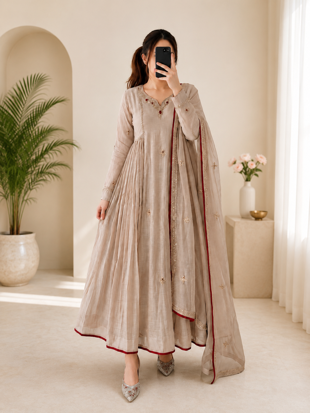Very Attractive Pure Mul Chanderi Embroidered Anarkali Set