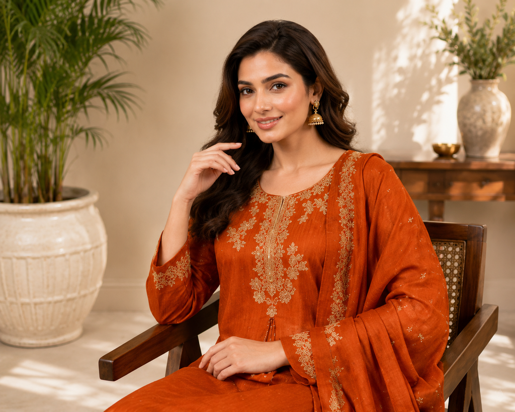 Elegant Orange Embroidered Roman Silk Suit Set with Dupatta