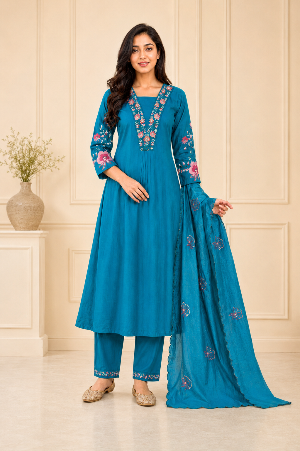 Elegant Teal Blue Embroidered Viscose Marina Silk Suit Set