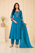 Elegant Teal Blue Embroidered Viscose Marina Silk Suit Set